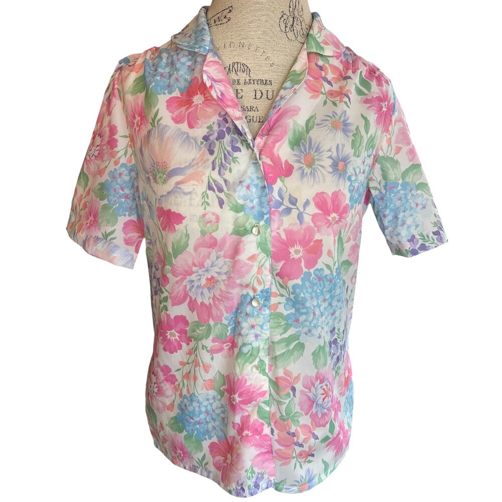 Vintage Laura Mae Floral Button Up Blouse Cottagecore Short Sleeve M